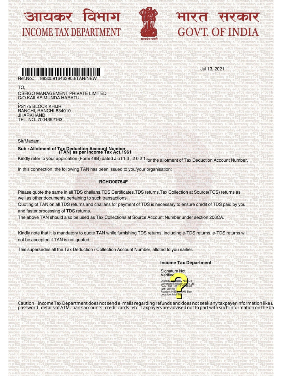 TAN Certificate